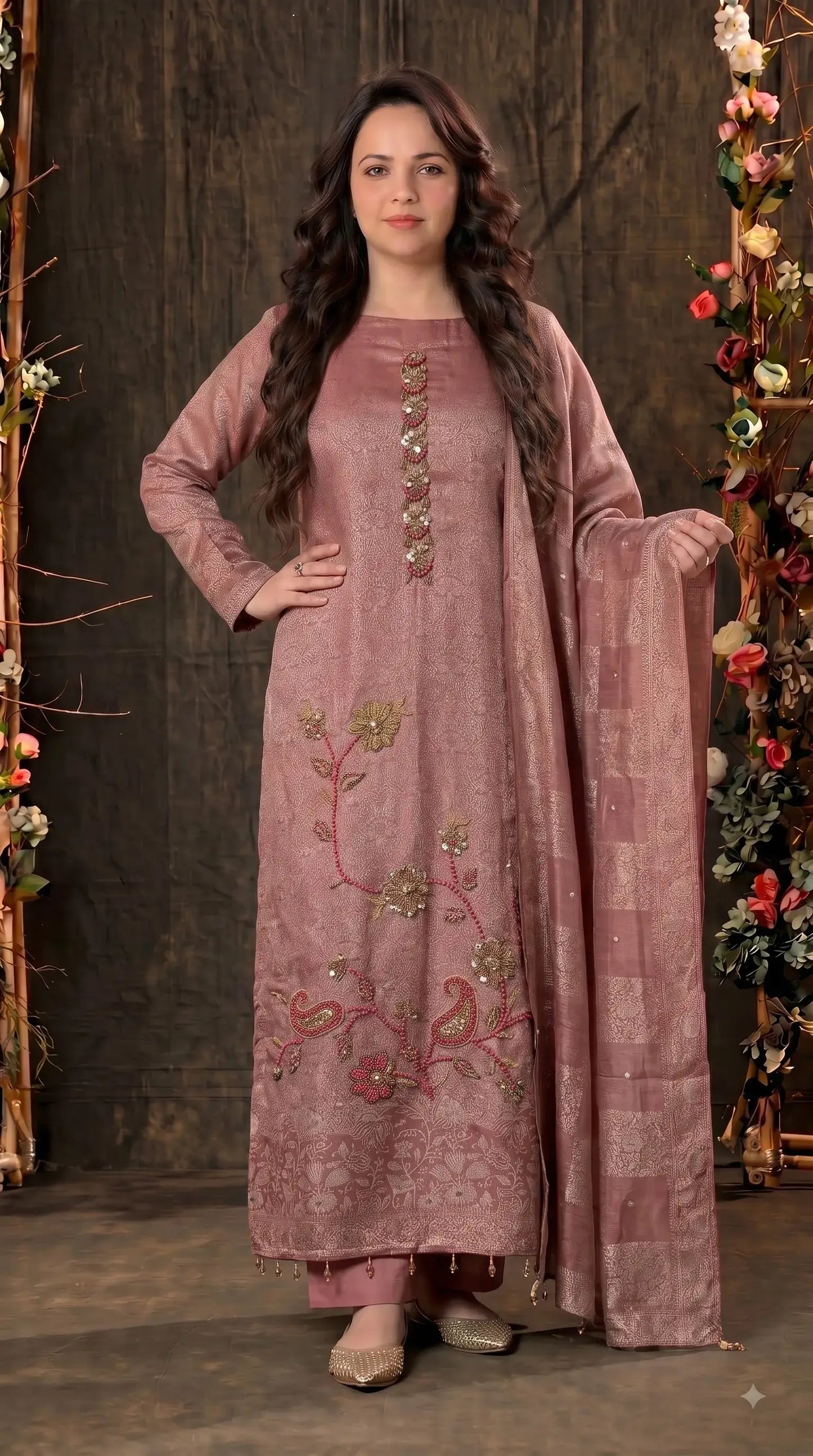 Premium Designer Antique Rose Banarasi Suit with Bead & Sequin Work