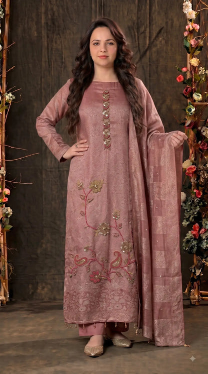 Premium Designer Antique Rose Banarasi Suit with Bead & Sequin Work