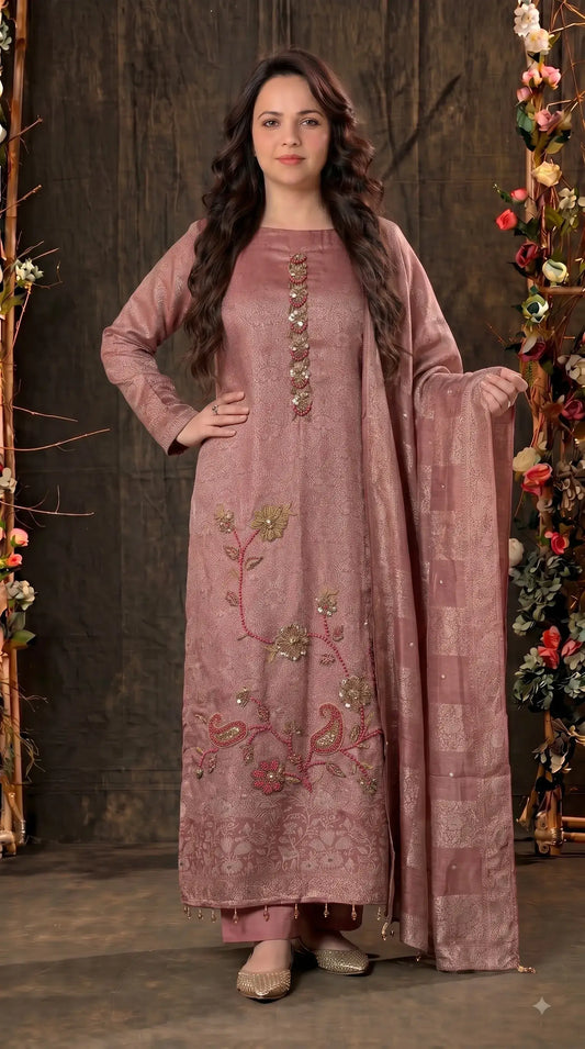 Premium Designer Antique Rose Banarasi Suit with Bead & Sequin Work