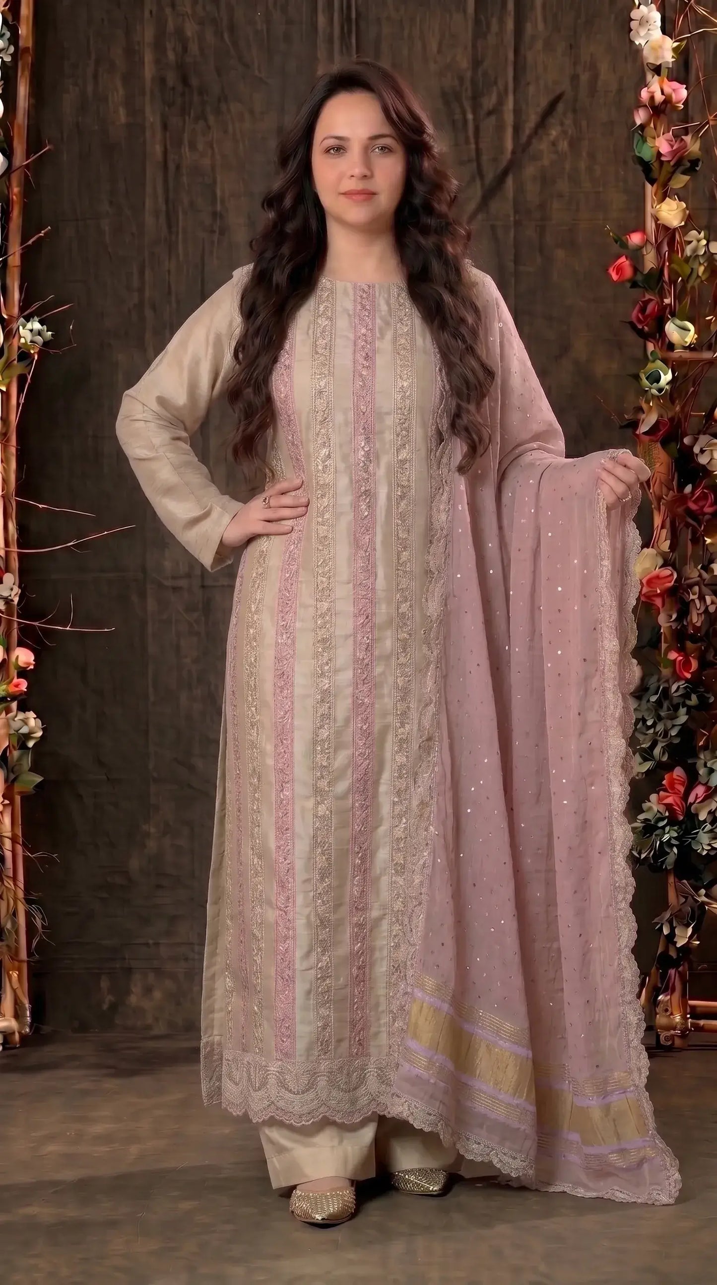 Premium Designer Beige & Blush Pink Tissue Suit