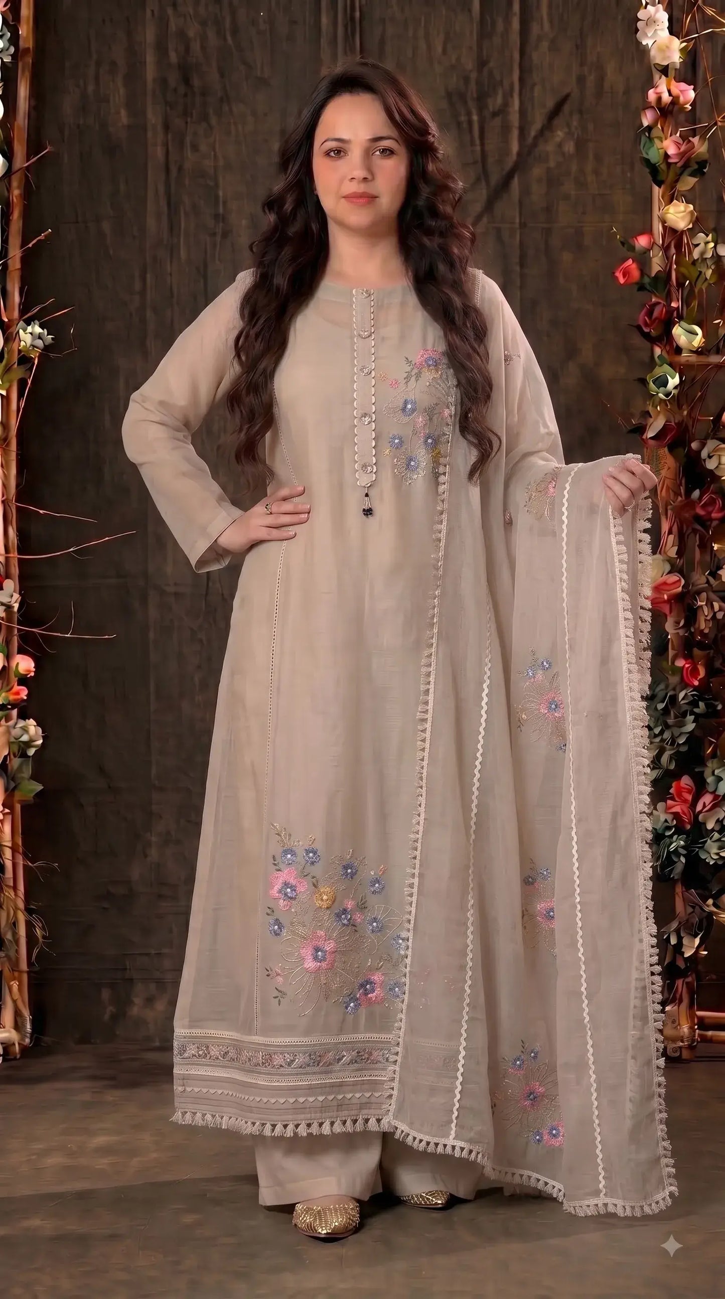Premium Designer Beige Kota Pakistani Suit with Floral Embroidery