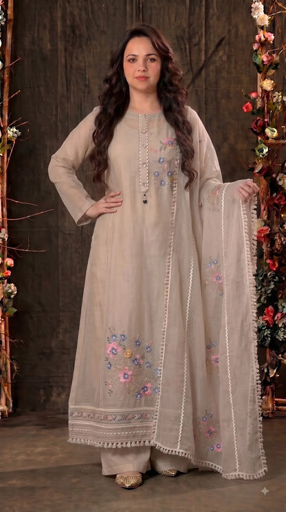 Premium Designer Beige Kota Pakistani Suit with Floral Embroidery