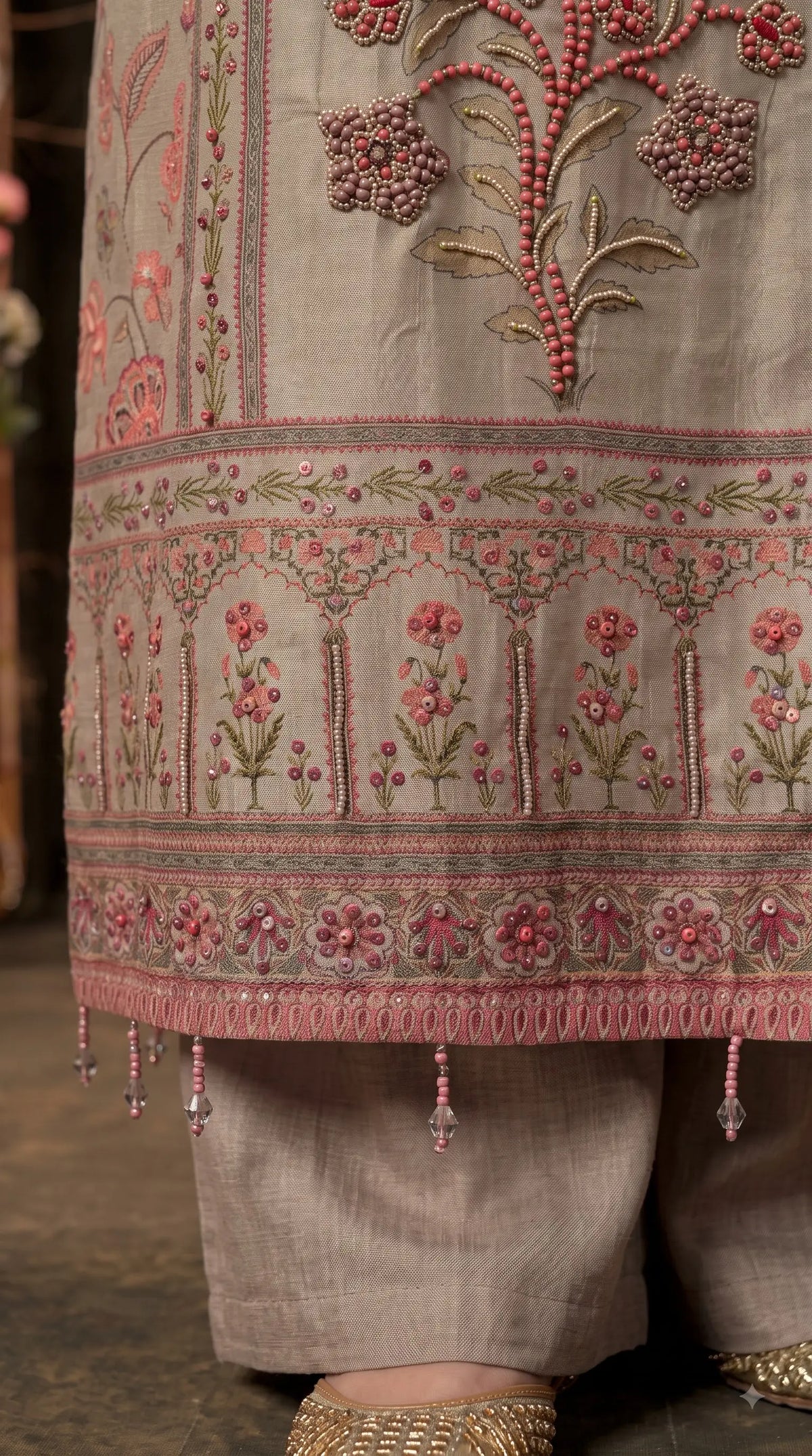 Pakistani Designer Grey Very Soft Tissue Suit with Pink Floral Pearl, Bead & Sequin Work
