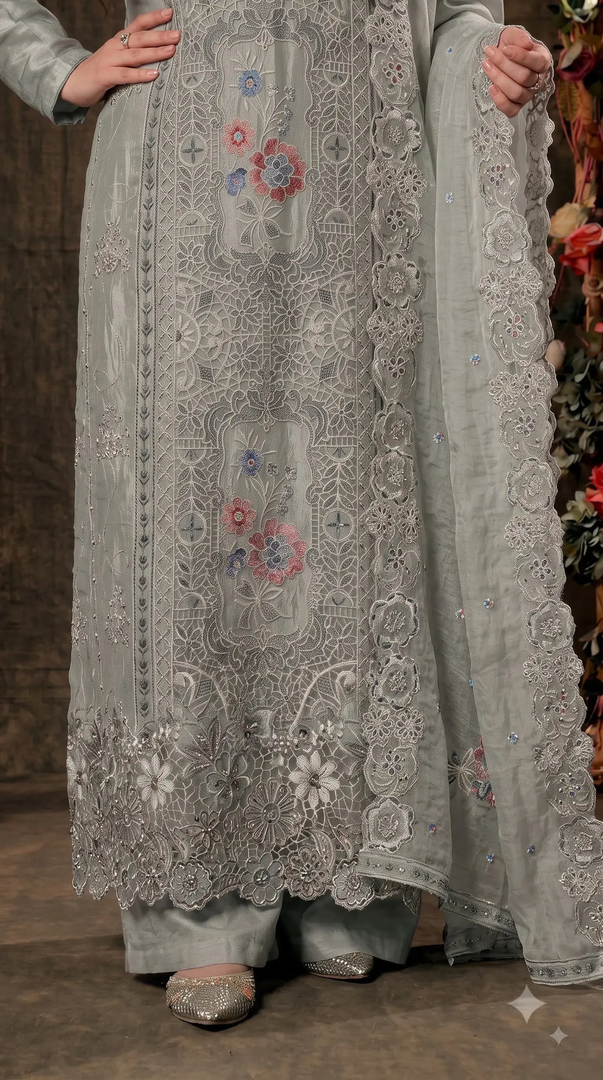 Premium Designer Sage Green Shimmer Silk Suit with Cutwork & Floral Embroidery