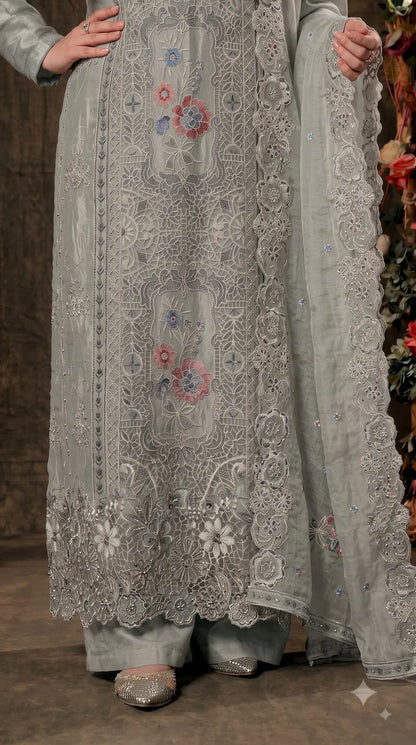 Premium Designer Sage Green Shimmer Silk Suit with Cutwork & Floral Embroidery