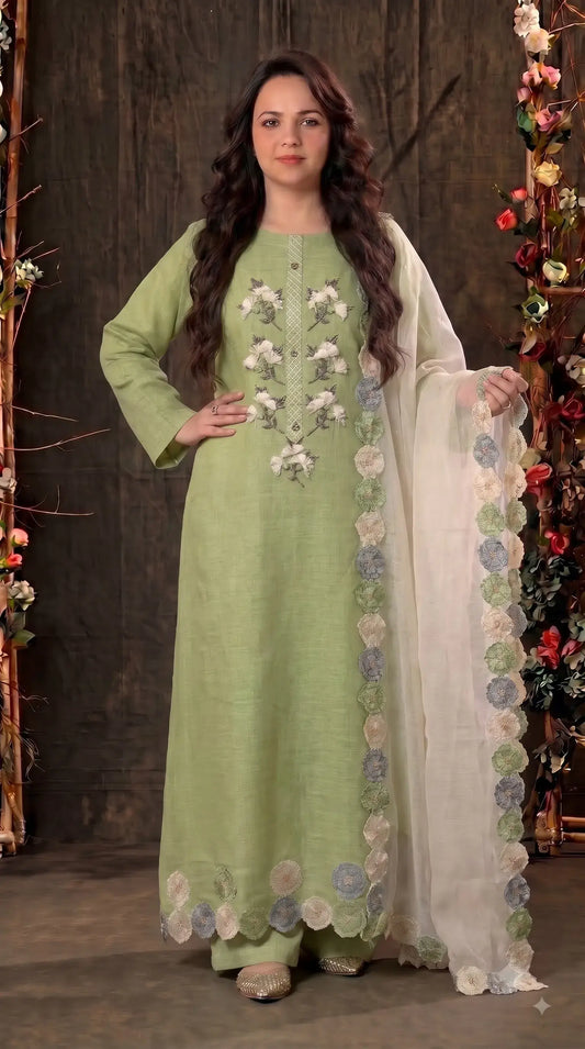 Pakistani Designer Pastel Green Pure Handloom Cotton Suit with 3D Floral Handwork, Bead & Thread Detailing