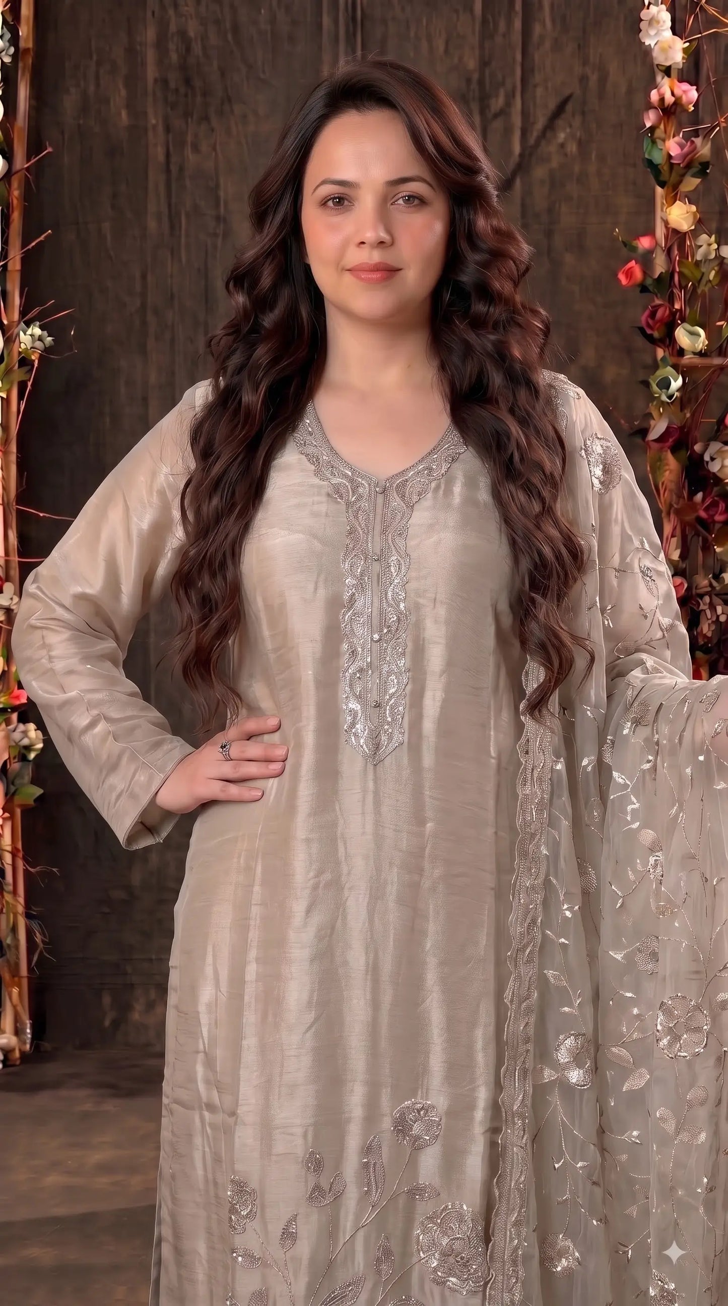 Premium Designer Ivory Taneria Suit with Silver Floral Embroidery & Embroidered Dupatta