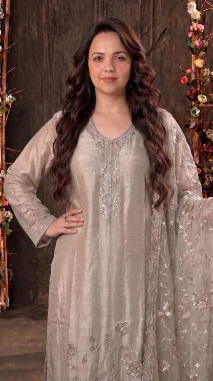Premium Designer Ivory Taneria Suit with Silver Floral Embroidery & Embroidered Dupatta
