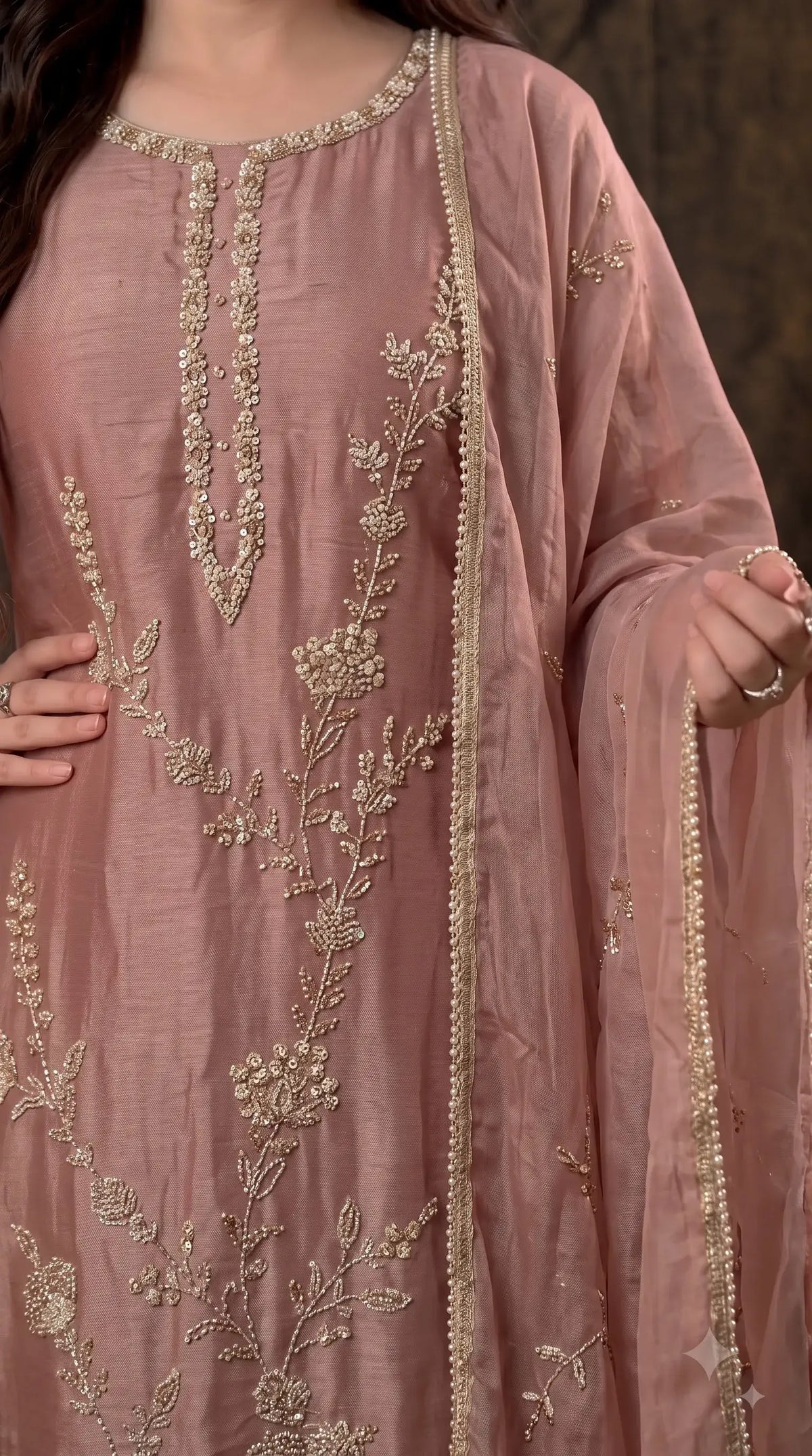 Pakistani Designer Antique Rose Tissue Suit with Floral Handwork, Bead & Sequin Detailing