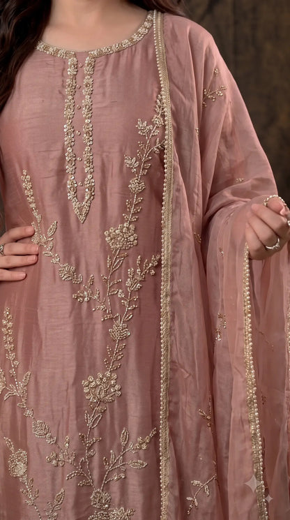 Pakistani Designer Antique Rose Tissue Suit with Floral Handwork, Bead & Sequin Detailing