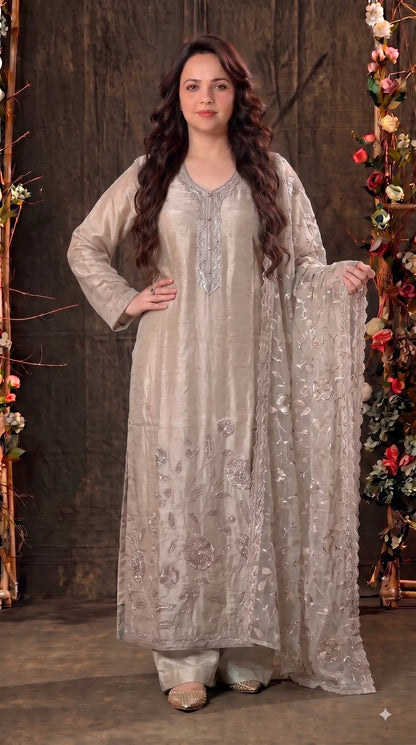 Premium Designer Ivory Taneria Suit with Silver Floral Embroidery & Embroidered Dupatta