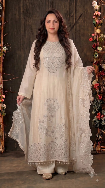 Premium Designer Ivory Soft Tissue Pakistani Suit with Mirror, Pearl & Floral Work