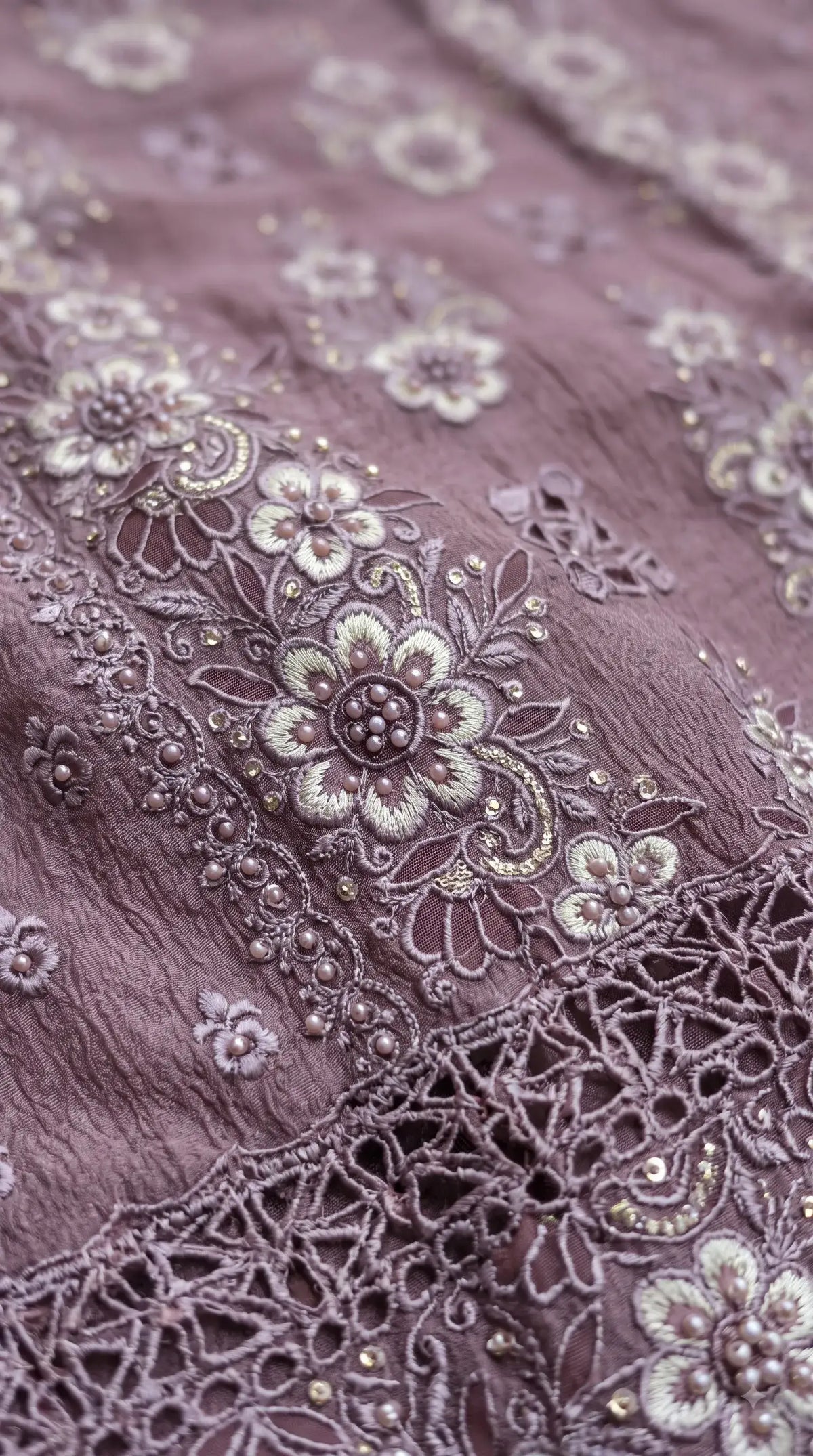 Pakistani Designer Mauve Shade Soft Crush Tissue Suit with Floral Embroidery, Pearl & Sequin Work