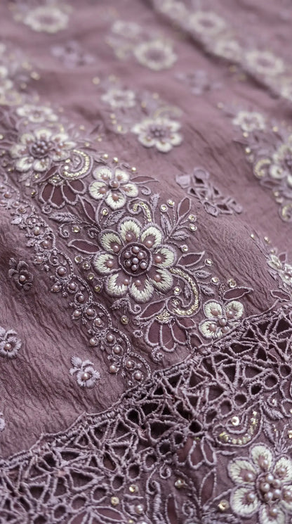 Pakistani Designer Mauve Shade Soft Crush Tissue Suit with Floral Embroidery, Pearl & Sequin Work
