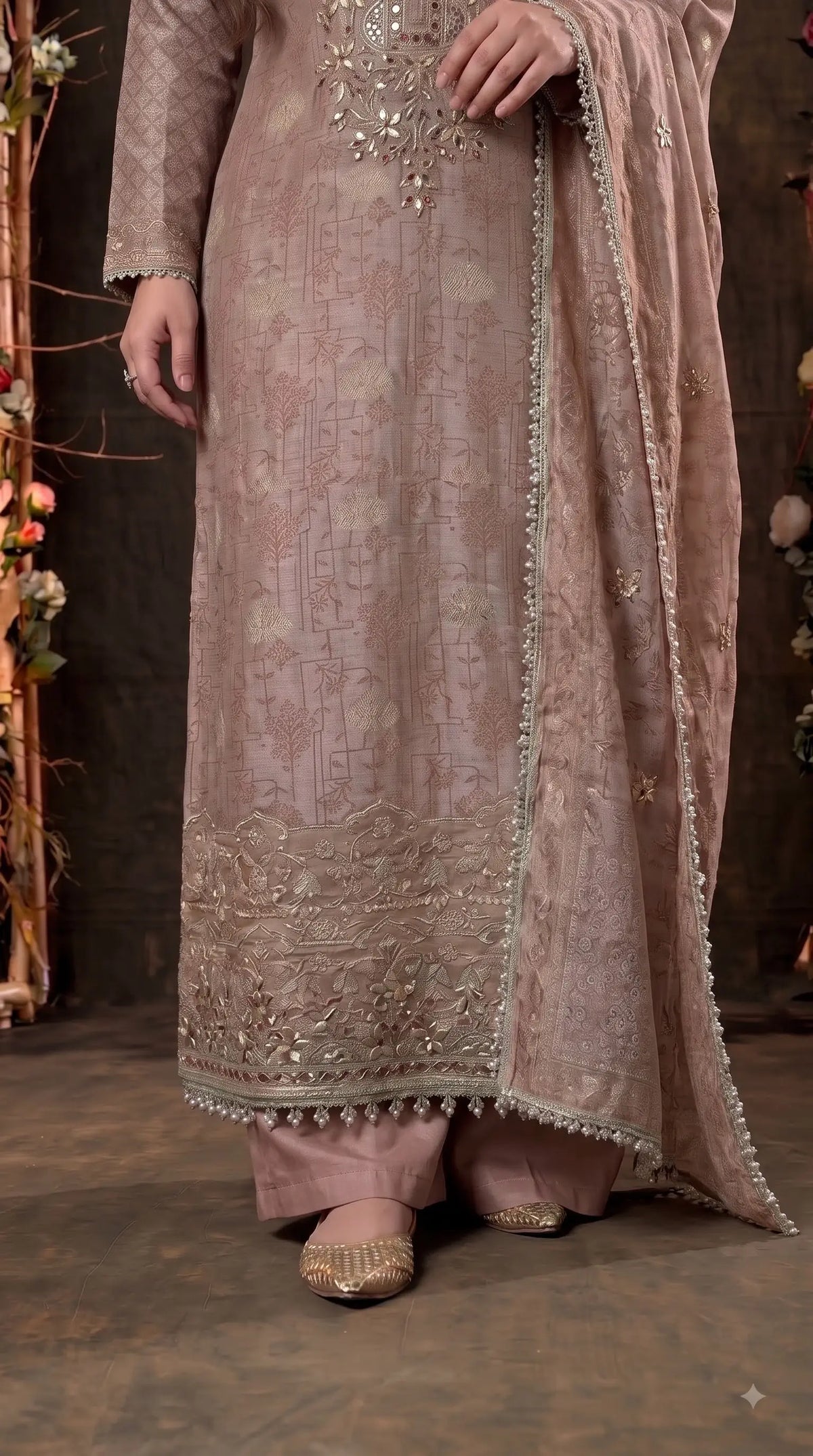 Premium Designer Dusty Rose Taupe Banarsi Suit with Mirror & Pearl Work