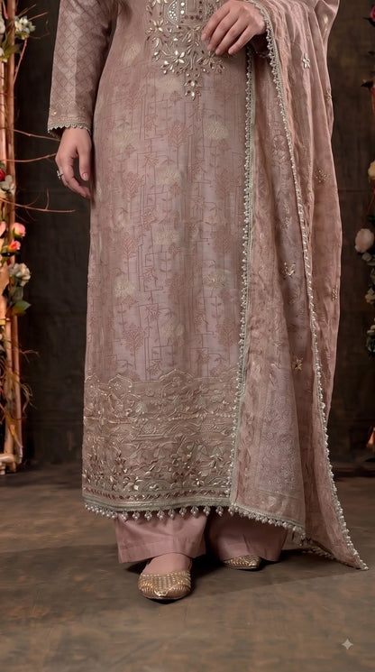 Premium Designer Dusty Rose Taupe Banarsi Suit with Mirror & Pearl Work