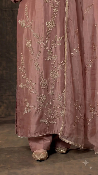 Pakistani Designer Antique Rose Tissue Suit with Floral Handwork, Bead & Sequin Detailing
