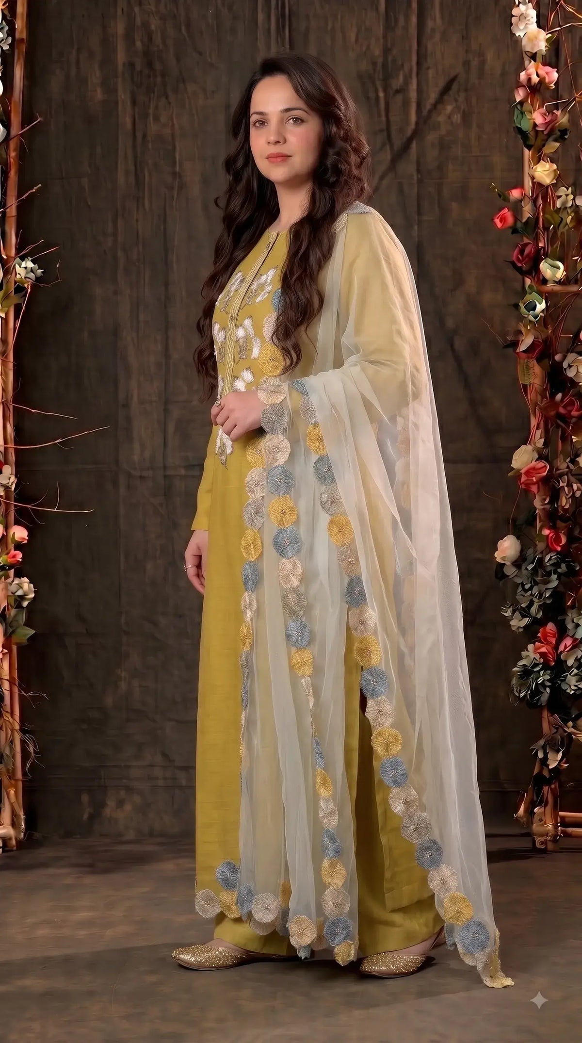 Pakistani Designer Mustard Yellow Pure Handloom Cotton Suit with 3D Floral Handwork, Thread & Pearl Detailing