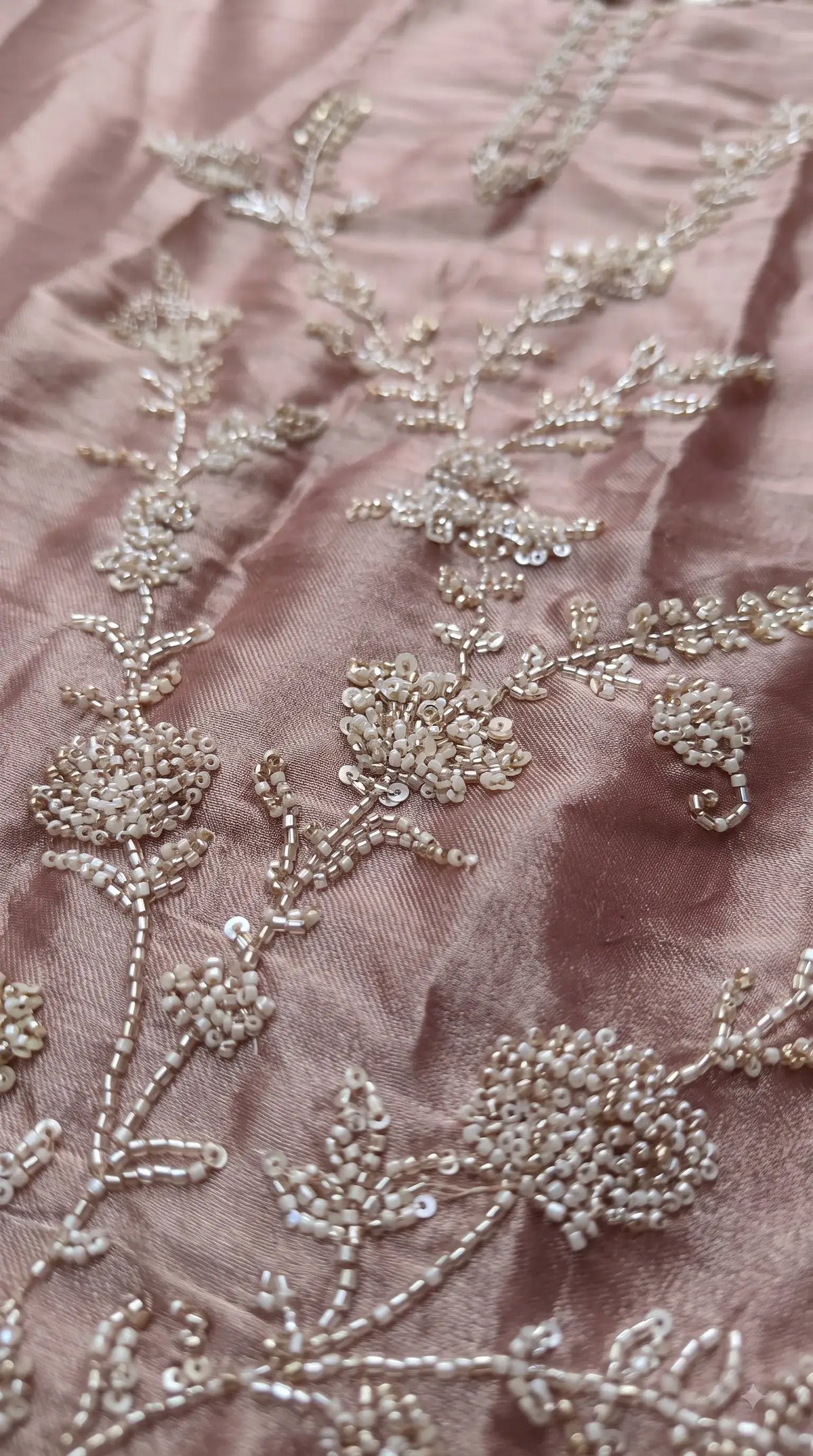 Pakistani Designer Antique Rose Tissue Suit with Floral Handwork, Bead & Sequin Detailing