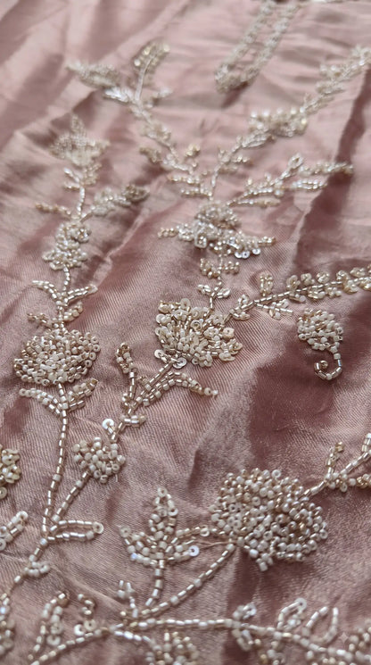 Pakistani Designer Antique Rose Tissue Suit with Floral Handwork, Bead & Sequin Detailing