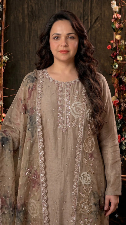 Premium Designer Beige Soft Tissue Suit with Pearl, Bead & Sequin Floral Work