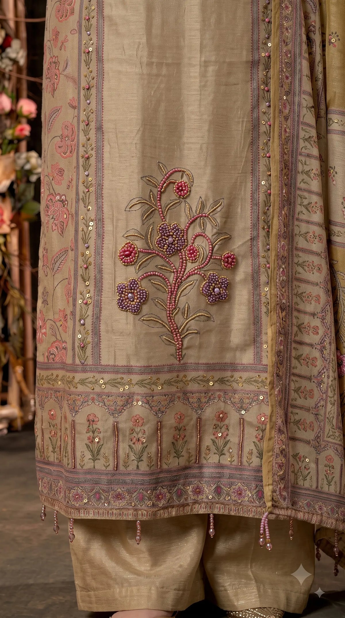 Premium Designer Beige-Gold Very Soft Tissue Suit with Pink Floral Pearl, Bead & Sequin Work