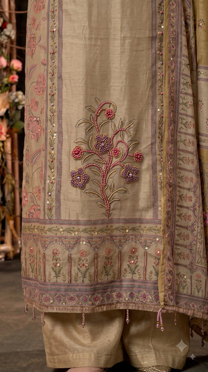 Premium Designer Beige-Gold Very Soft Tissue Suit with Pink Floral Pearl, Bead & Sequin Work