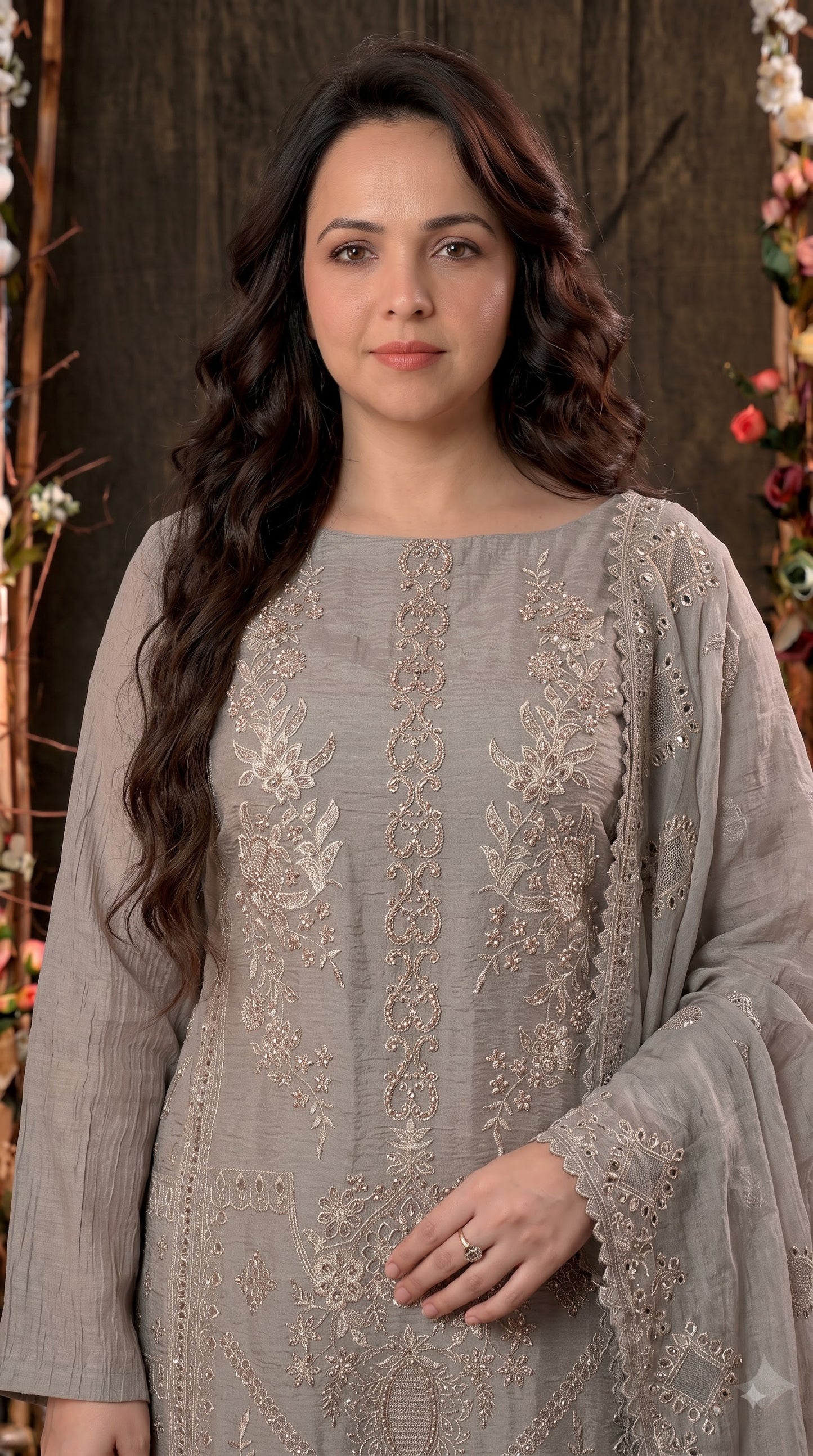Premium Designer Taupe Grey Soft Crush Tissue Suit with Pearl, Sequin & Floral Embroidery Work