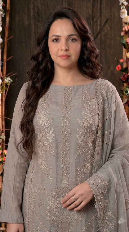 Premium Designer Taupe Grey Soft Crush Tissue Suit with Pearl, Sequin & Floral Embroidery Work