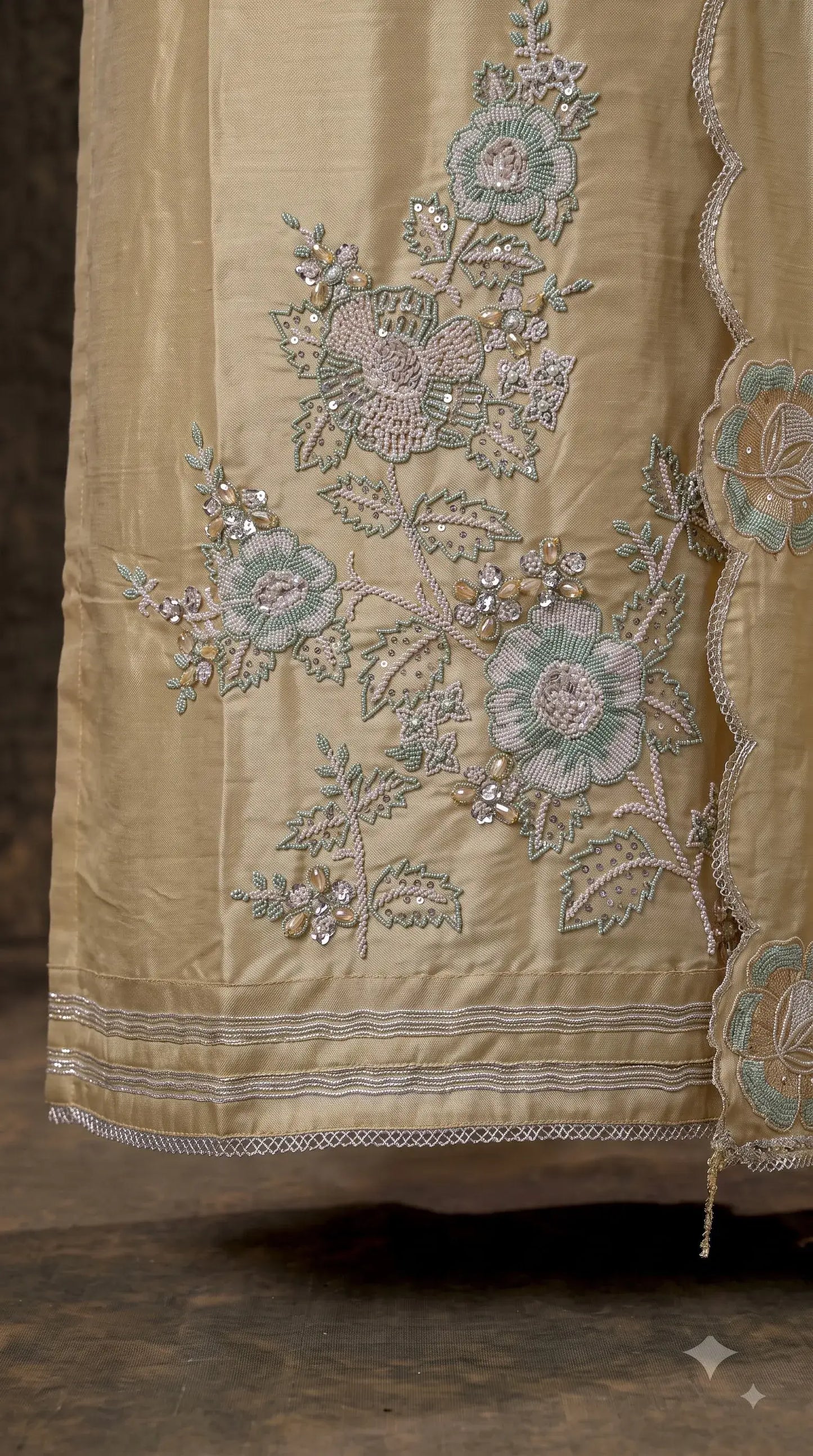 Premium Designer Yellow Luxury Tissue Suit with Pearl, Bead & Sequin Floral Work
