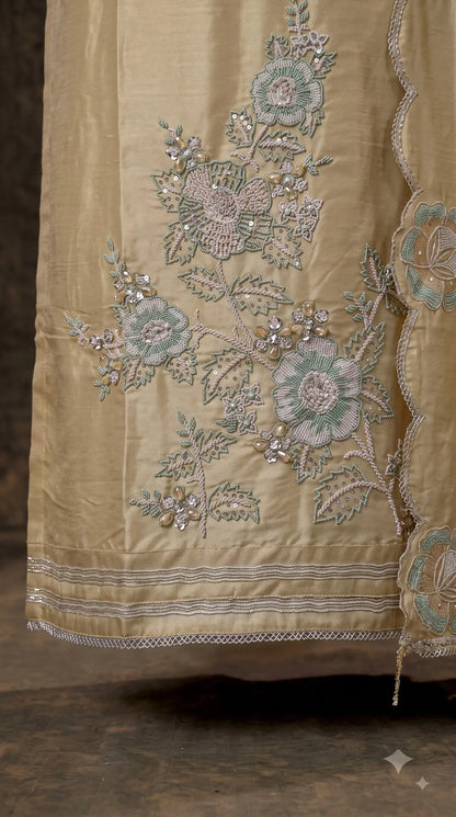 Premium Designer Yellow Luxury Tissue Suit with Pearl, Bead & Sequin Floral Work
