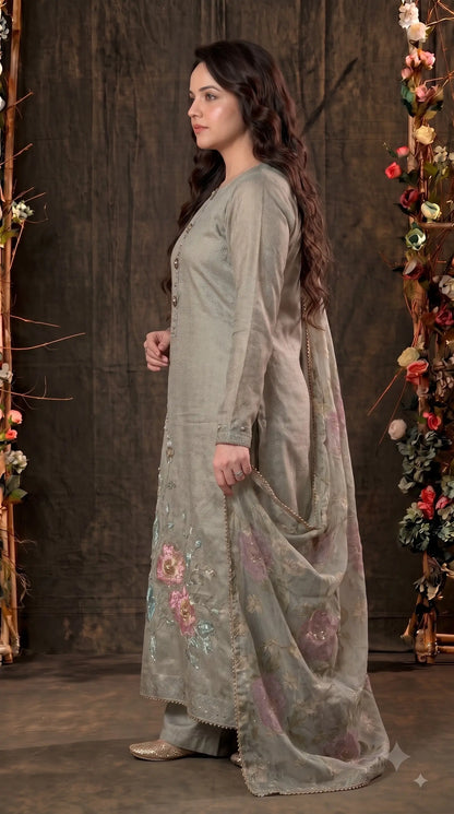 Premium Designer Sage-Green Soft Tissue Suit with Floral Bead, Sequin & Cutdana Work