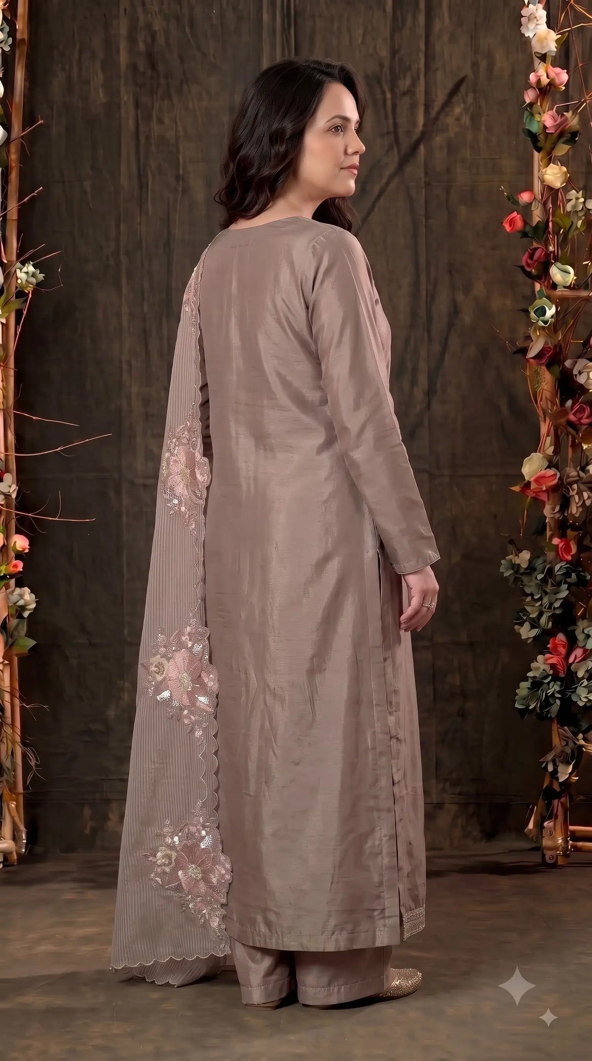 Premium Designer Mocha Taupe Organza Suit with 3D Floral Bead & Sequin Work