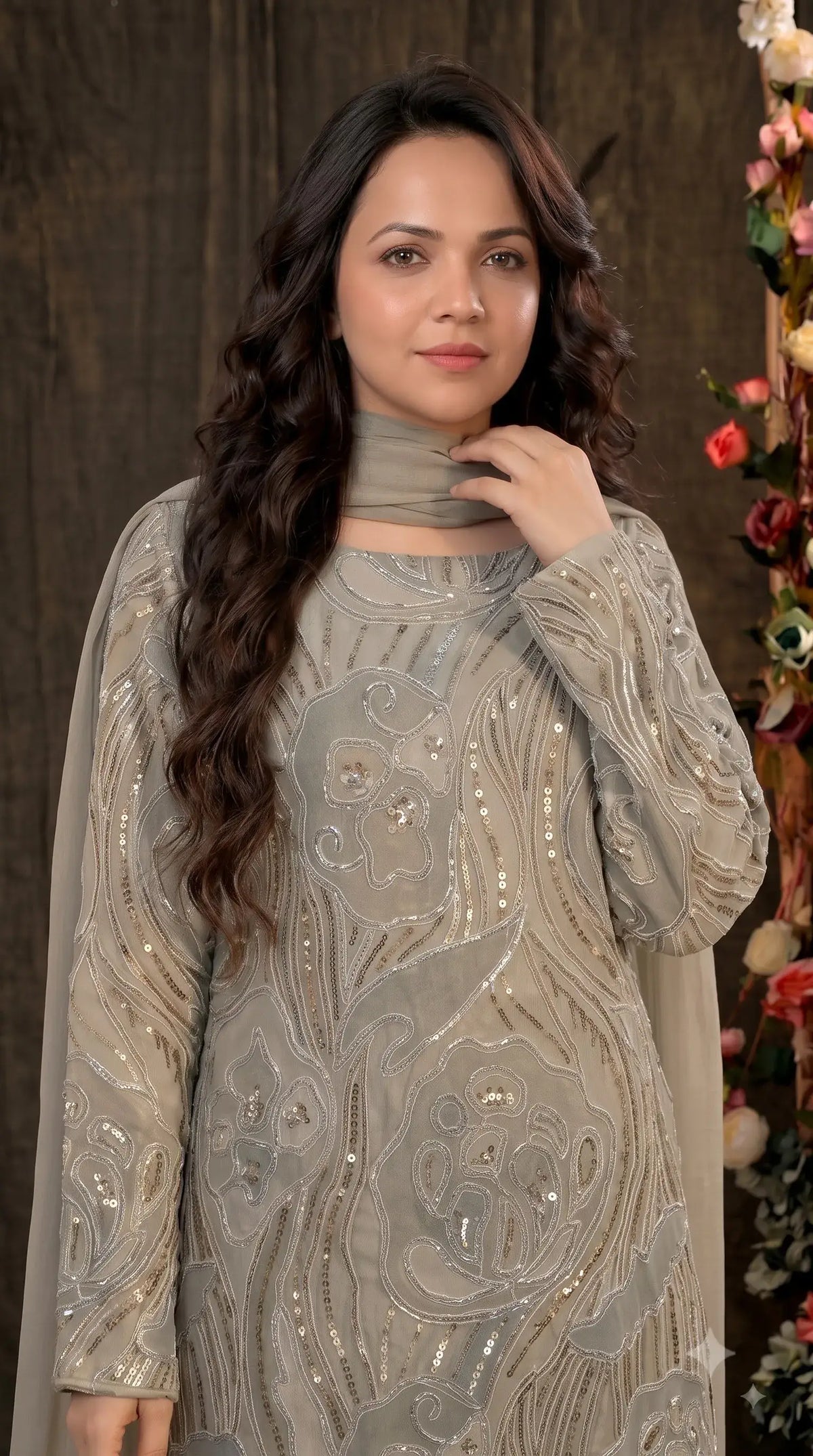 Premium Designer Ivory & Blue Organza Ethnic-Western Suit with Pearl, Bead & Sequin Work