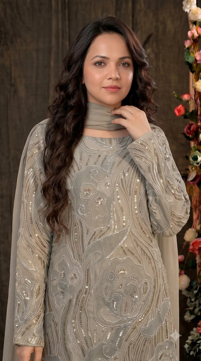 Premium Designer Ivory & Blue Organza Ethnic-Western Suit with Pearl, Bead & Sequin Work
