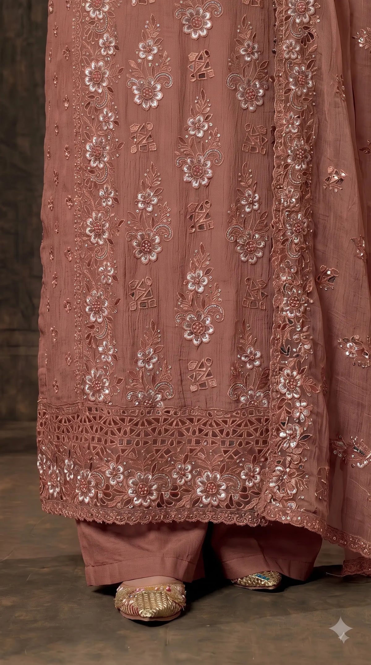 Pakistani Designer Rust Soft Crush Tissue Suit with Floral Embroidery, Pearl & Sequin Work