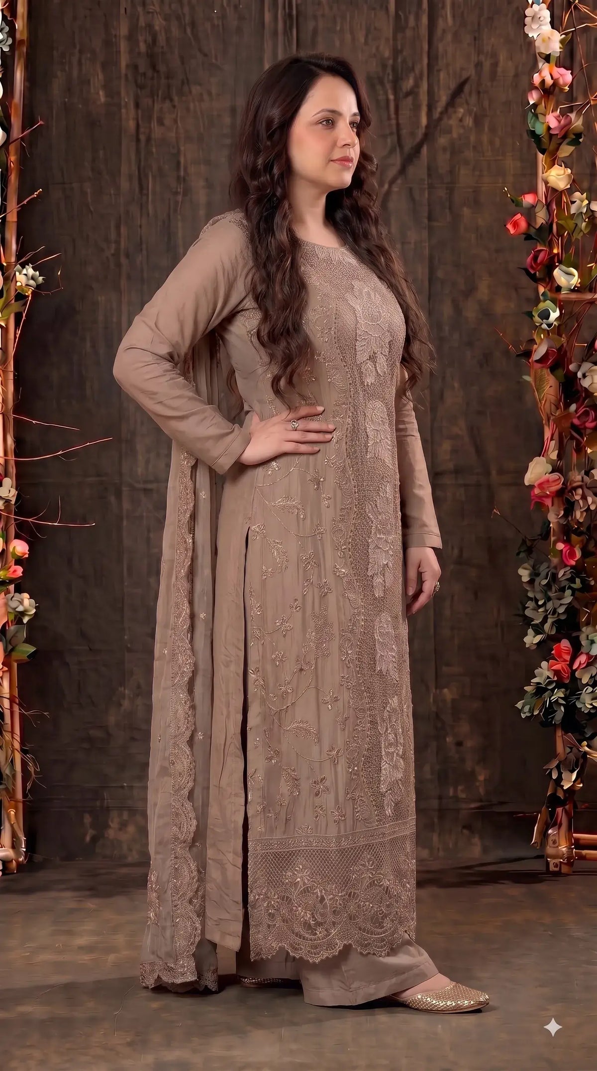 Premium Designer Mocha Gold Crush Suit with Pearl & Cutwork Detailing