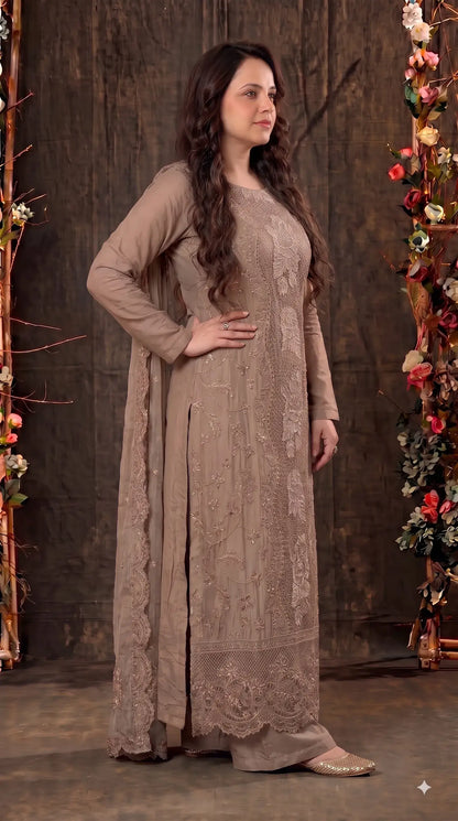 Premium Designer Mocha Gold Crush Suit with Pearl & Cutwork Detailing