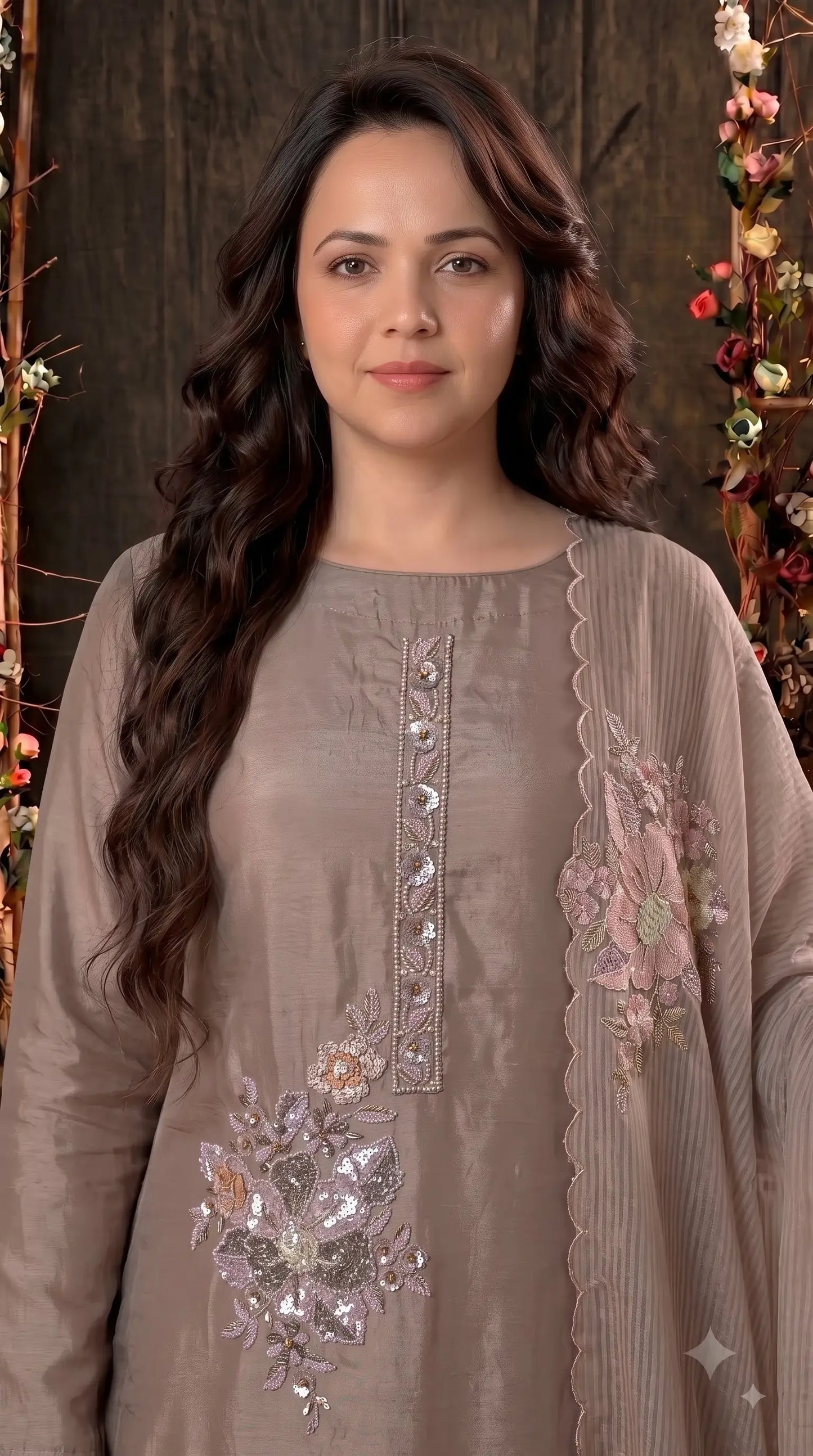 Premium Designer Mocha Taupe Organza Suit with 3D Floral Bead & Sequin Work