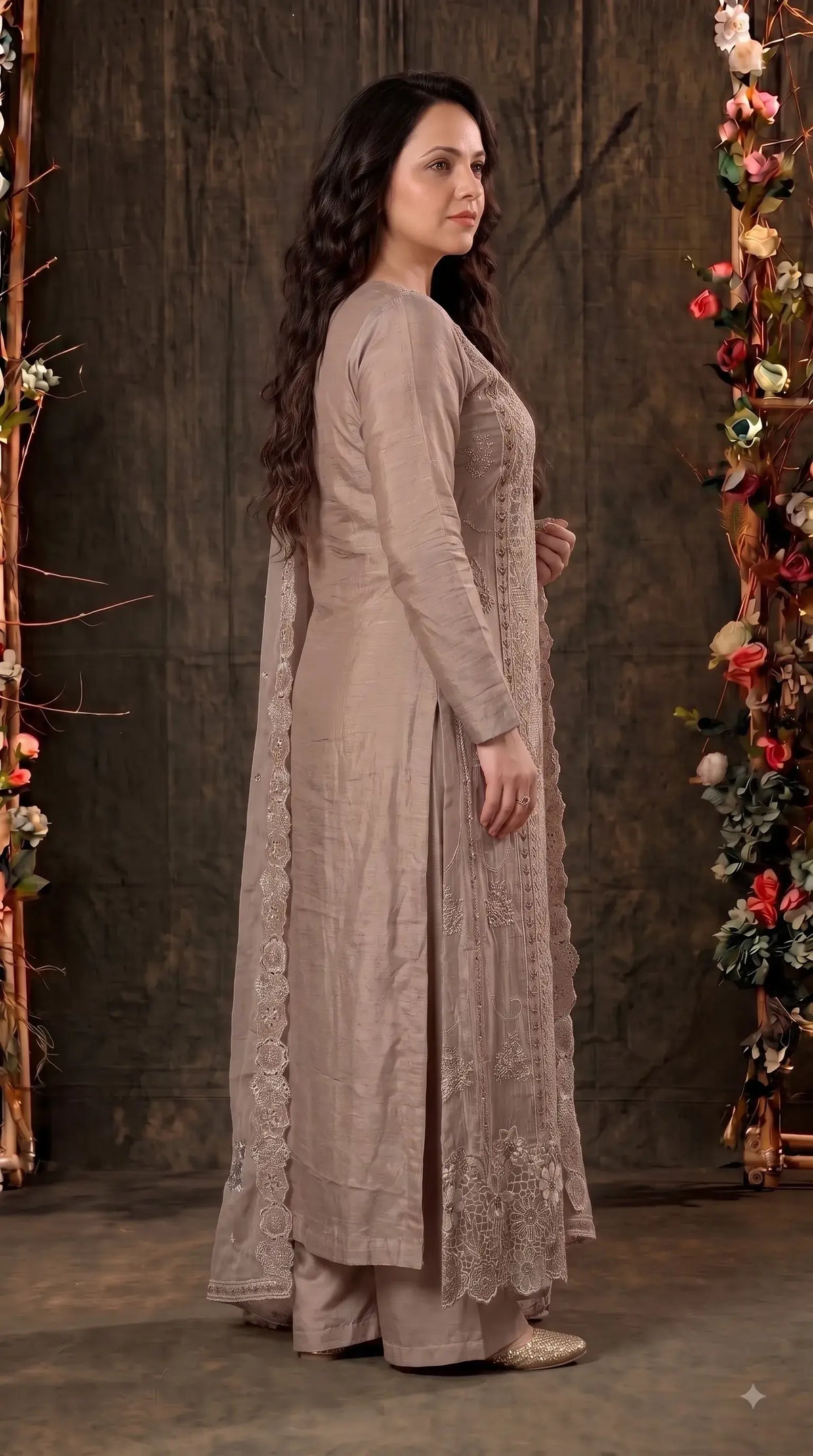 Premium Designer Dusty Rose Taupe Shimmer Silk Suit with Cutwork Floral Embroidery