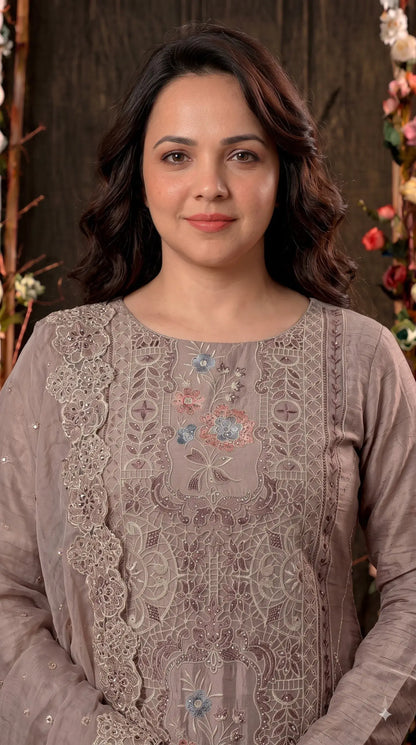 Premium Designer Dusty Rose Taupe Shimmer Silk Suit with Cutwork Floral Embroidery