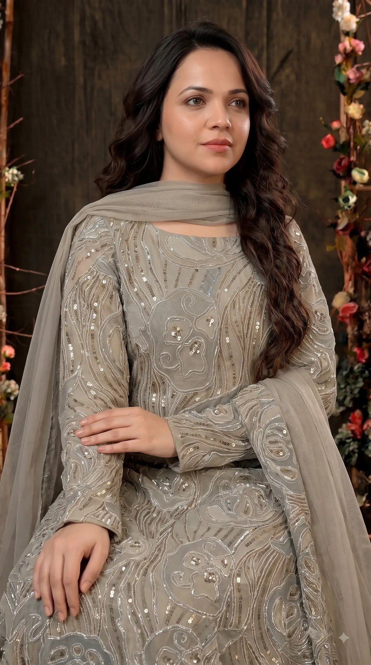 Premium Designer Ivory & Blue Organza Ethnic-Western Suit with Pearl, Bead & Sequin Work