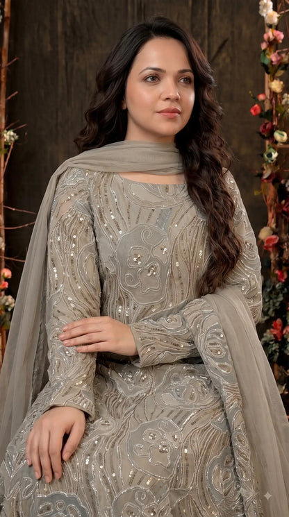 Premium Designer Ivory & Blue Organza Ethnic-Western Suit with Pearl, Bead & Sequin Work