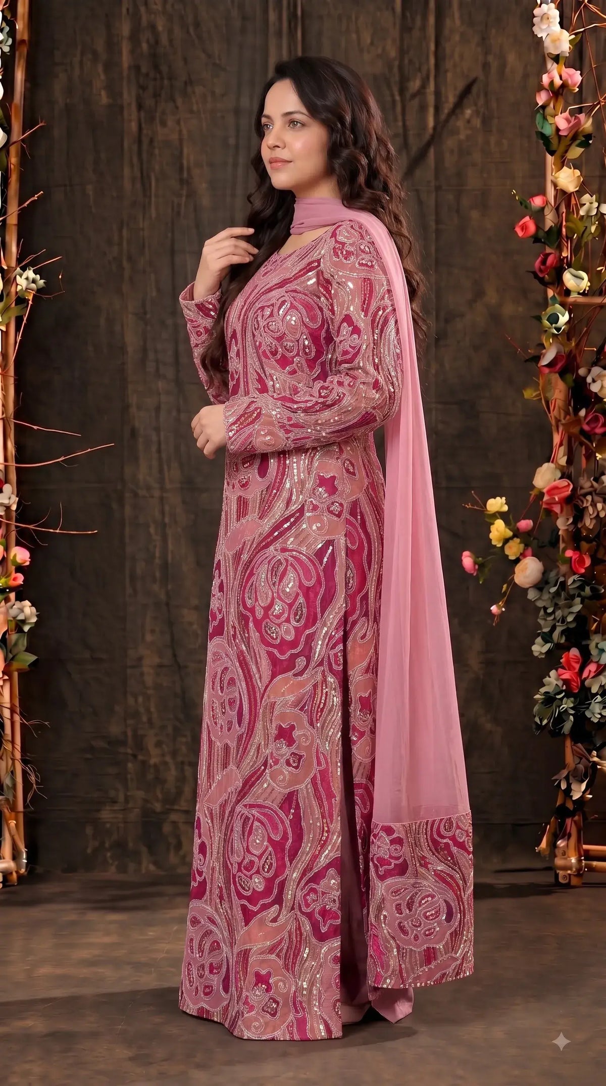 Pakistani Designer Pink Shade Organza Ethnic-Western Suit with Pearl, Bead & Sequin Work
