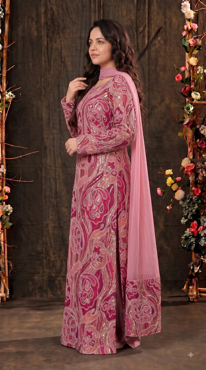 Pakistani Designer Pink Shade Organza Ethnic-Western Suit with Pearl, Bead & Sequin Work