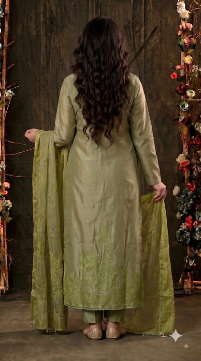 Premium Designer Olive Green Tulfi Fabric Suit with Pearl Work & Embroidery