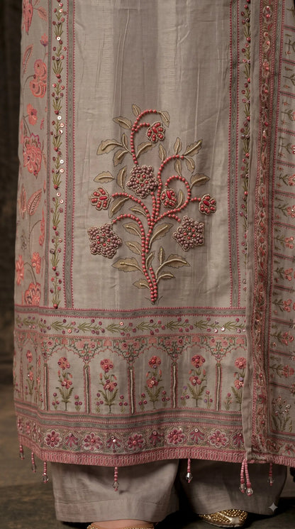 Pakistani Designer Grey Very Soft Tissue Suit with Pink Floral Pearl, Bead & Sequin Work