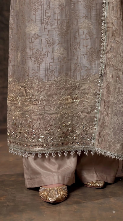 Pakistani Designer Ivory Shade Banarsi Suit with Mirror & Pearl Work