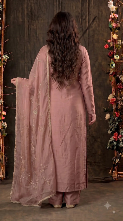 Pakistani Designer Antique Rose Tissue Suit with Floral Handwork, Bead & Sequin Detailing
