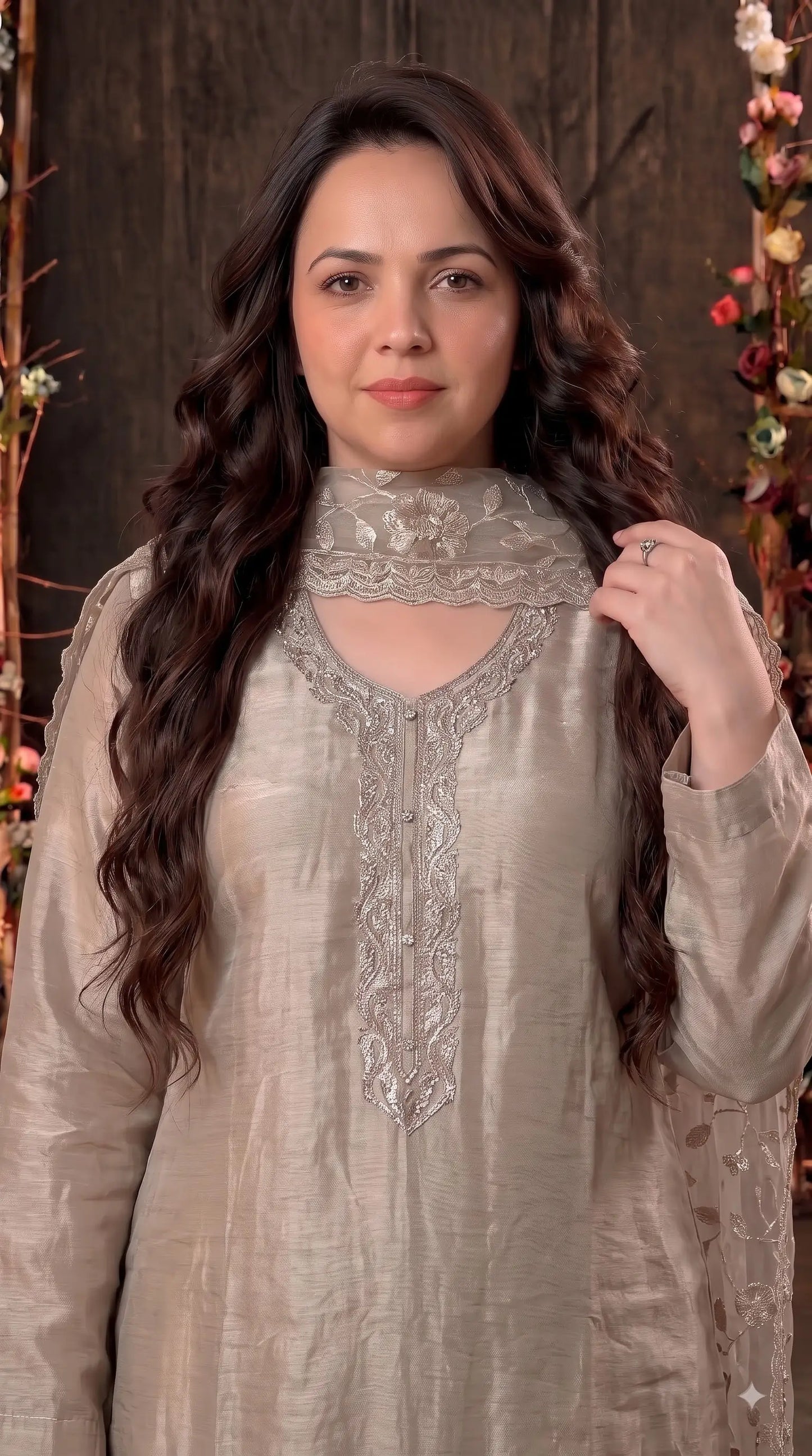 Premium Designer Ivory Taneria Suit with Silver Floral Embroidery & Embroidered Dupatta